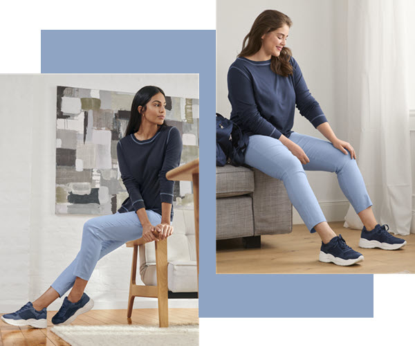 Kompletn&iacute; model: Triko s dlouh&yacute;m ruk&aacute;vem, modr&eacute;, Strečov&eacute; kalhoty, Kožen&eacute; boty sneaker