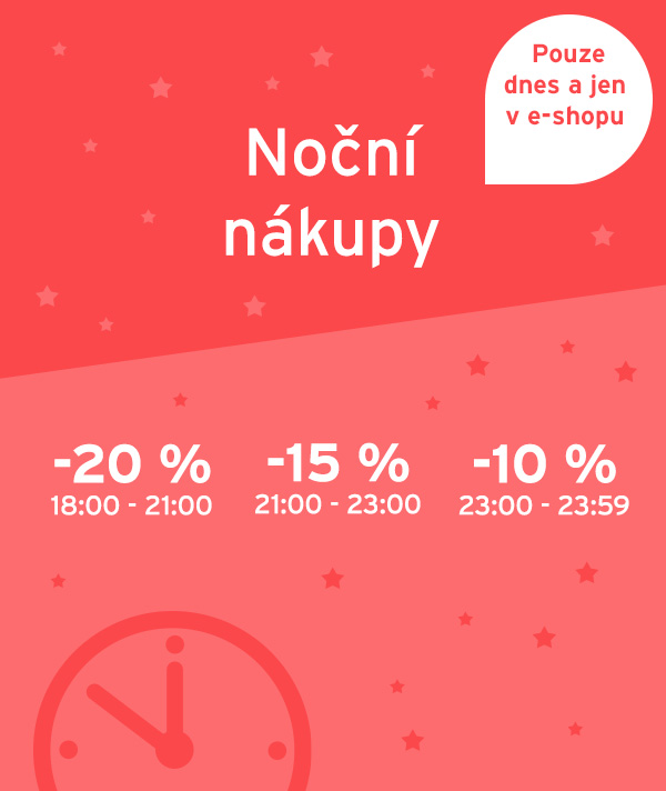 Nočn&iacute; n&aacute;kupy - Od 18:00 do 21:00 plat&iacute; sleva 20%, od 21:00 do 23:00 15% a od 23:00 do 23:59 10% sleva