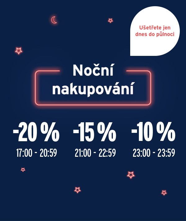 Noční nákupy - Od 17:00 do 20:59 platí sleva 20 %, od 21:00 do 22:59 15 % a od 23:00 do 23:59 10 % sleva